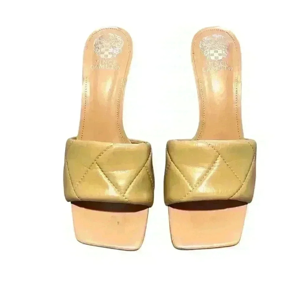 Vince Camuto, sandals, beige, tufted, 3” heel. Slide. comfortable sandal size 9